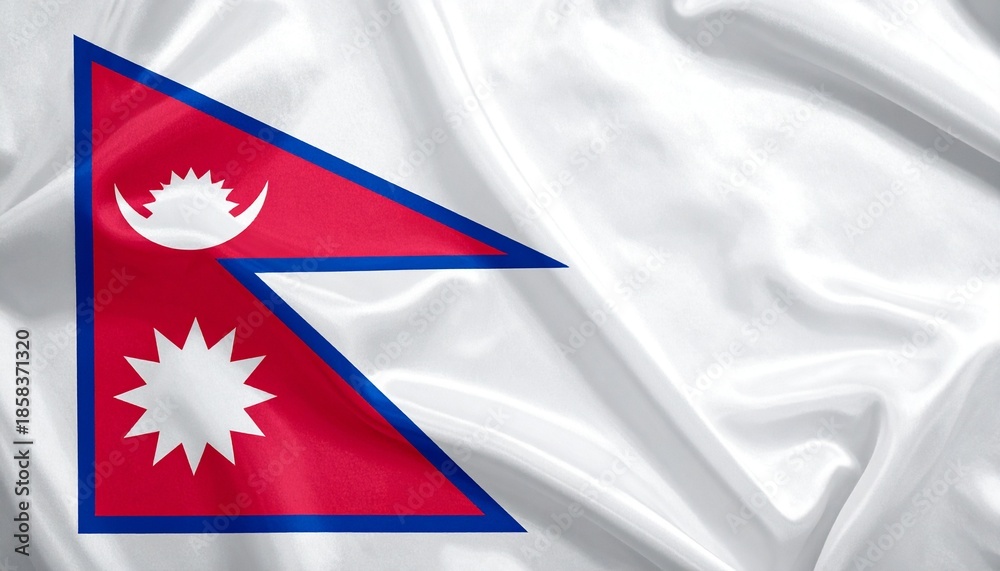Fototapeta premium Nepalese national flag with crimson red background, blue border, and white moon and sun symbols in snowy mountain setting