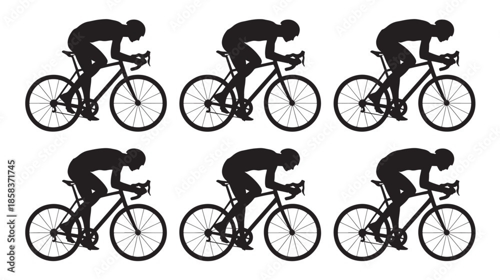 Naklejka premium Cyclist in various positions riding a bicycle in black silhouette on white background for sports and fitness themes