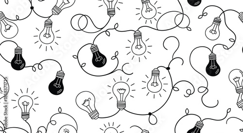 Playful seamless pattern featuring hand drawn light bulbs and curly wires in a black and white doodle style for creative lighting concepts.