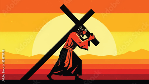 Ancient figure carrying a heavy cross against a desert sunset