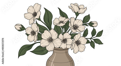 Beautifully illustrated bouquet of cream flowers with green leaves displayed in a classic brown ceramic vase for a cozy interior vibe.