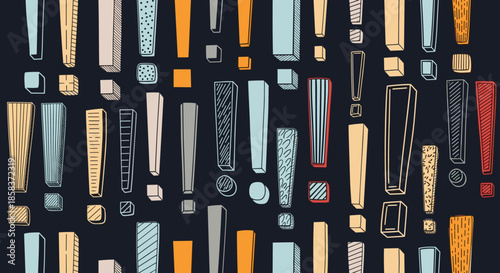 Vibrant and energetic seamless pattern of colorful exclamation marks in various styles on a dark navy background for bold designs.