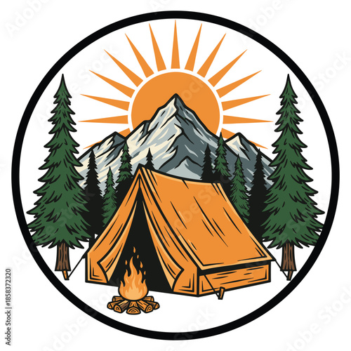 Mountain Camping Campfire Retro T-Shirt Badge