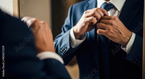 A confident man preparing himself by adjusting his tie in the mirror before an important event