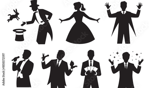 Magician Silhouettes in Various Poses with Magic Elements in Black and White Illustration for Entertainment Design