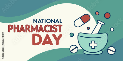 Pharmacist day greeting card design with medical illustration and graphic elements