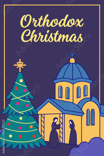 Orthodox Christmas Illustration with Church and Christmas Tree