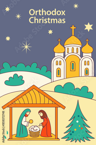 Orthodox Christmas card, Nativity scene with Church and Star of Bethlehem illustration
