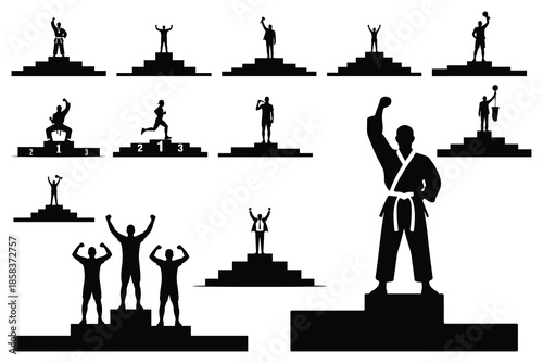 Silhouettes of athletes celebrating on podiums and victory poses