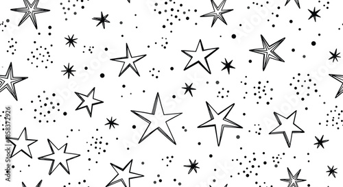 Seamless pattern with hand drawn black stars and dots in whimsical sketch style on a white background for kids.