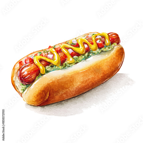 Fotografie Hot Dog watercolor vector, hand-painted style, high-quality illustration isolated on white background