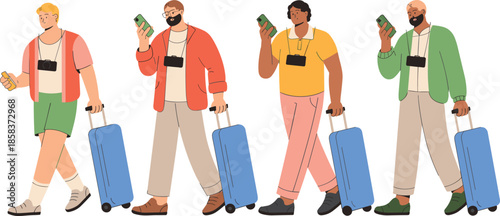 Group of diverse male travelers walking with suitcases and smartphones, modern tourists illustration set isolated on white background vector design