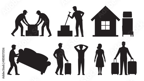 People Moving House Silhouettes Illustration Set with natural lighting and detailed texture for commercial background