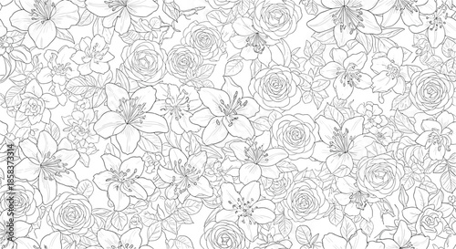 Seamless pattern with a dense composition of various hand drawn flowers in black line art on a white background.