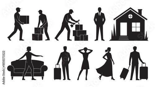 People Moving with Luggage and Boxes in Simple Silhouette Style for Illustration Use