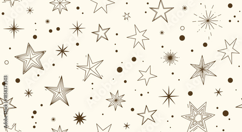 Seamless celestial pattern with hand drawn stars and dots on a cream background, suitable for cosmic and night sky themes.