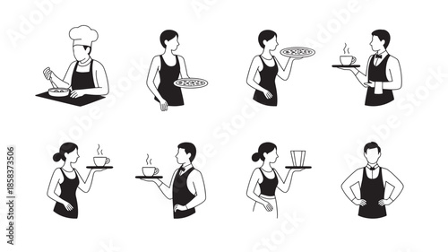 Waitress serving food in various poses, black and white illustrations for restaurant staff, hospitality industry