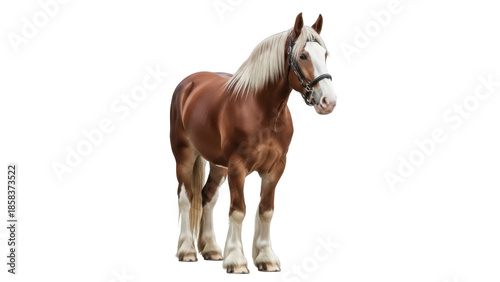 Bilde på lerret Isolated chestnut horse, draft horse with white mane and blaze, saddled farm ani