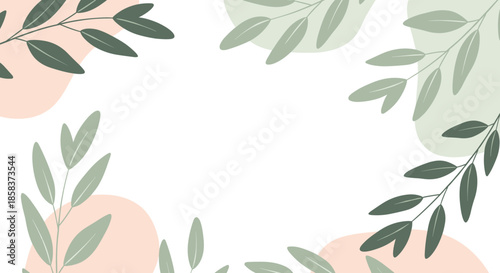 Elegant minimalist frame decorated with green hand drawn leaves and soft pastel shapes on a white background for copy space.
