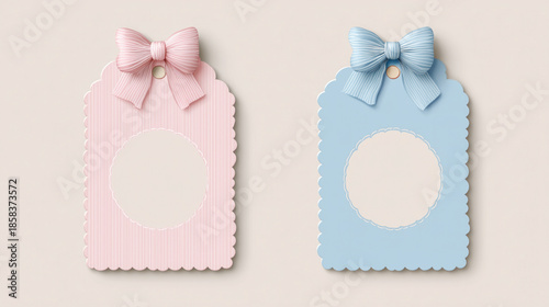 Two gift tags (pink and blue) with striped bows, scalloped edges and empty circular frames, set against soft beige background. Ideal for gift decor, card accents or decorative label designs.