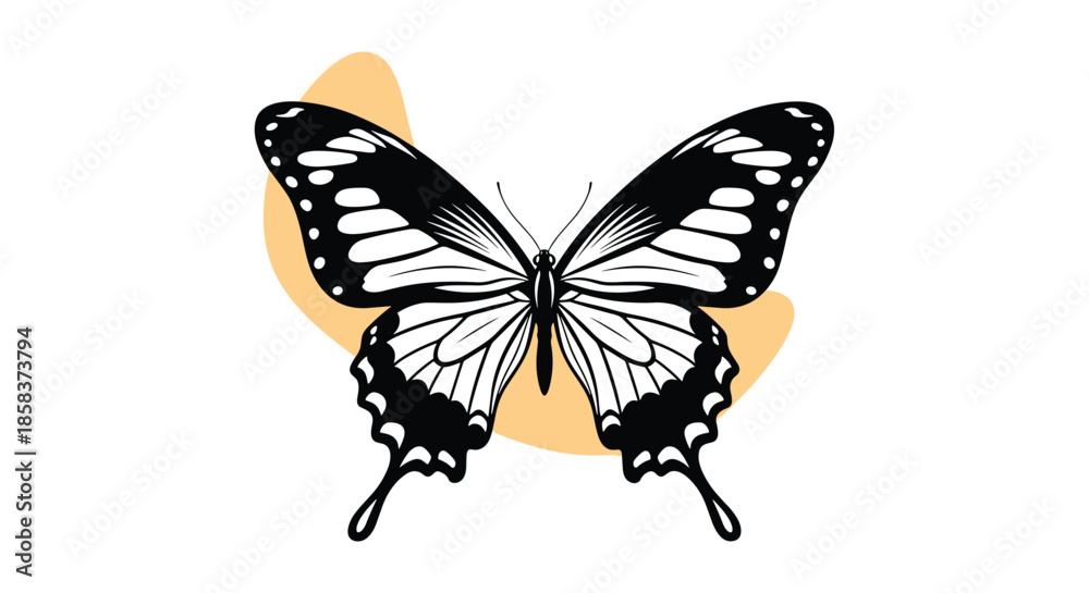 Obraz premium Detailed hand drawn butterfly sketch positioned over an abstract soft orange shape isolated on a white background.