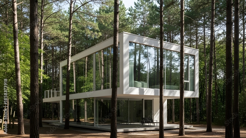 Fototapeta premium Modern Minimalist White Glass House Architecture Nestled in a Serene Pine Forest with Tall Trees