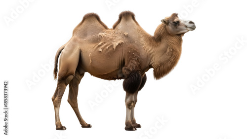 Photography Isolated Bactrian camel standing in profile view, an even-toed ungulate native t
