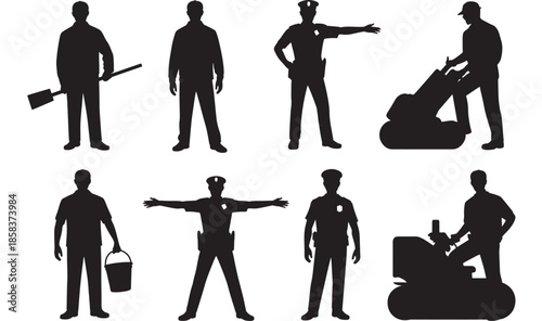 Lawn Care Professionals Silhouetted Against White Background for Gardening Services