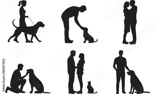 Silhouette People with Dogs, Happy Couples and Pet Owners, Black and White, Vector Illustrations for Pet Care and Love Themes