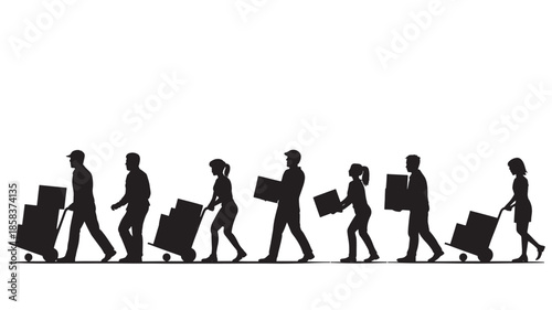 People carrying boxes in a line, silhouetted against a white background, with a minimalist style, for use in presentations or infographics