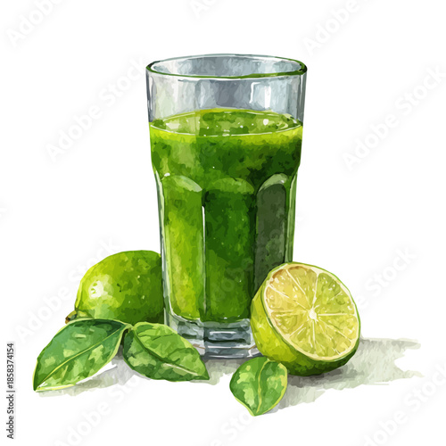 Stylized watercolor Green Juice vector, modern artistic illustration with high-quality details on a pure white background.