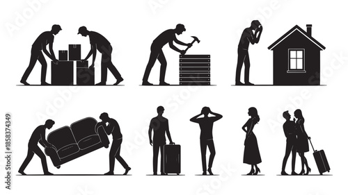 People Moving and Relocating with Boxes and Luggage in Various Scenes