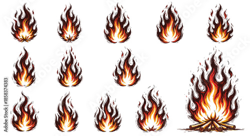 Set of various bonfire and flame illustrations with different shapes and intensities in a stylized hand-drawn art style.