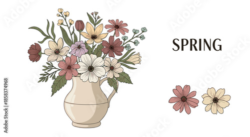 Charming illustration of a colorful spring flower bouquet in a simple cream-colored ceramic vase with spring text.