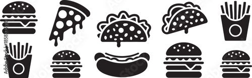 Assortment of Popular Fast Food Icons in Black Silhouette Including Burgers Pizza Tacos and Fries