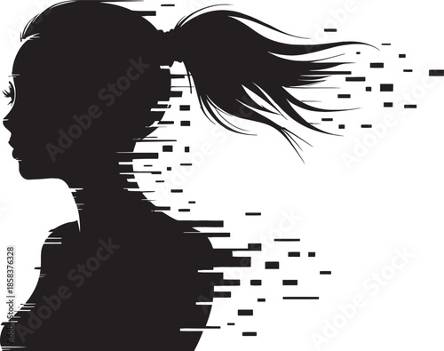 Abstract Silhouette Portrait of Woman: A striking silhouette of a woman with her hair in a ponytail, artistically rendered with a dissolving effect, conveying themes of change and transformation.