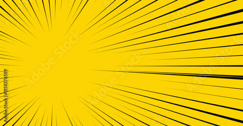 Dynamic yellow background with black radial lines creating a speed or comic book effect.