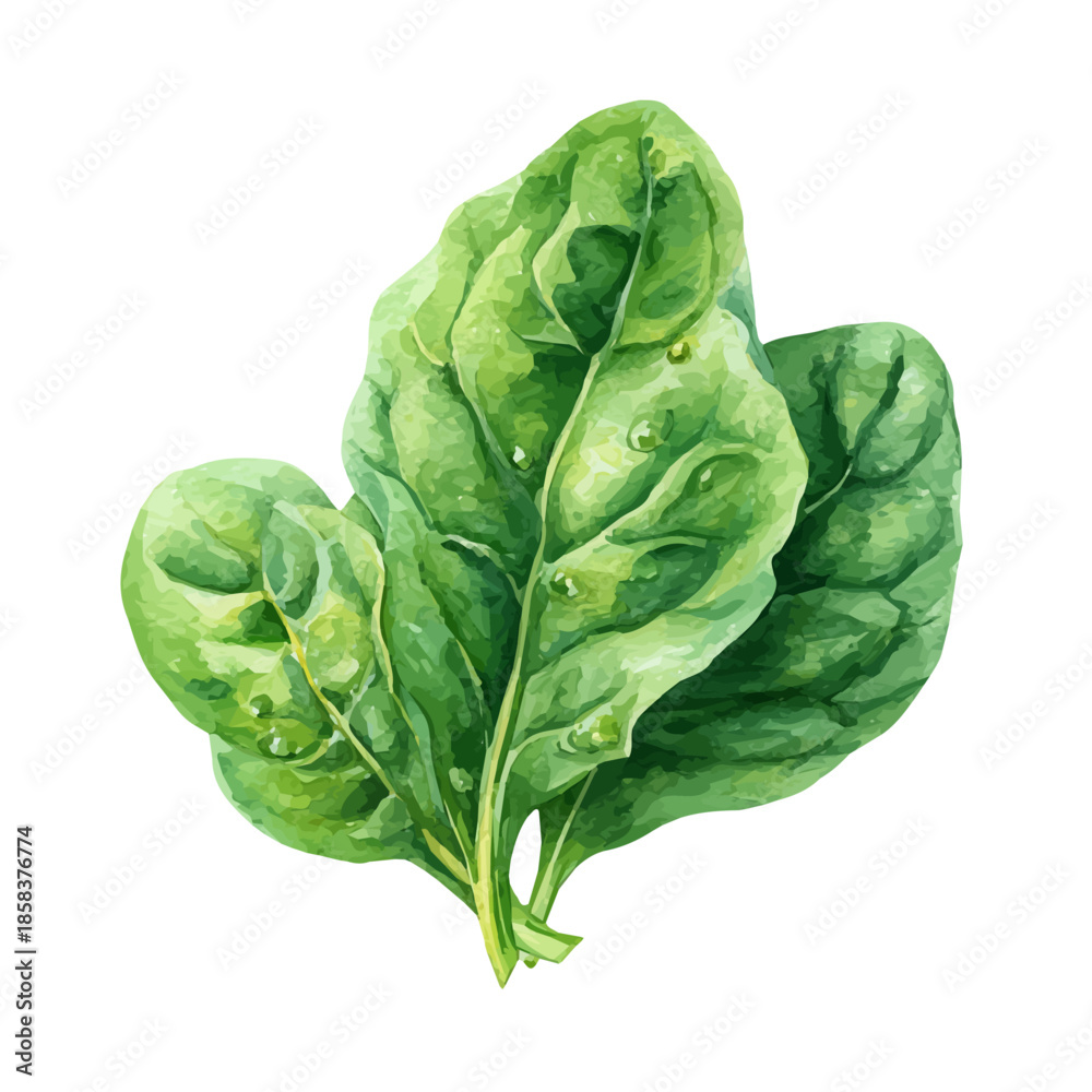 Obraz premium Watercolor Spinach Leaf vector, artistic painting style, high-resolution illustration on a pure white background.