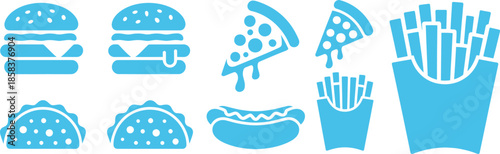 Collection of blue fast food icons including burgers pizza tacos hot dogs and french fries