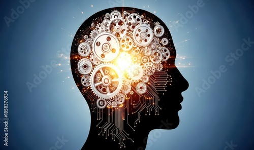 A creative illustration of a human head with gears and circuits representing innovative thinking and technology