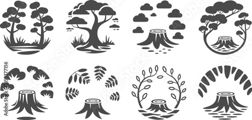 Collection of eight dark grey circular nature graphic elements featuring trees and tree stumps