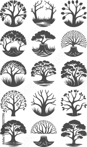 Collection of fifteen circular silhouette designs featuring various trees and natural elements