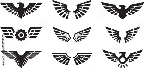 Collection of nine black stylized eagle and wing emblems on white background eagle emblem stylized wings