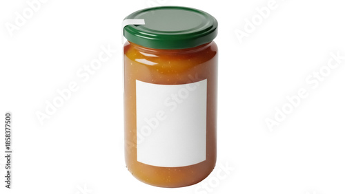 Isolated jar of chutney with blank label for customization, homemade or store-bought product