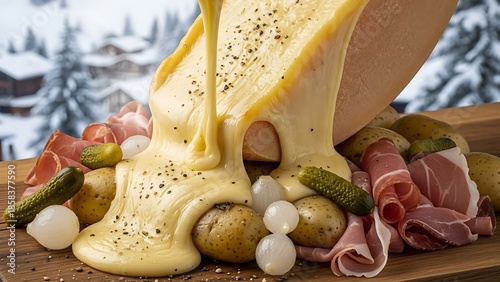 Raclette Feast: A close-up view of a culinary masterpiece featuring melted raclette cheese cascading over an assortment of accompaniments. A tantalizing feast for the eyes and the palate.