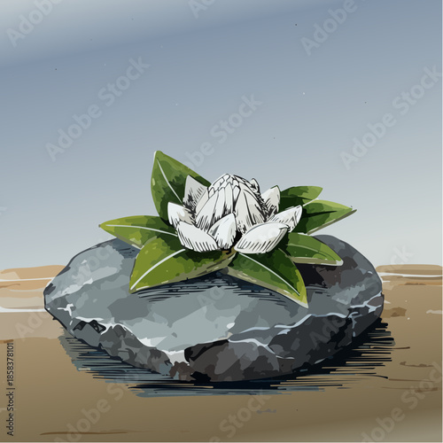 Stylized white lotus flower with green leaves resting on a dark gray stone.