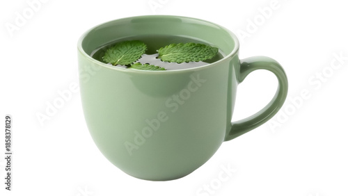 Cuadro en lienzo Isolated beverage in a green mug filled with tea and fresh mint leaves for a hot