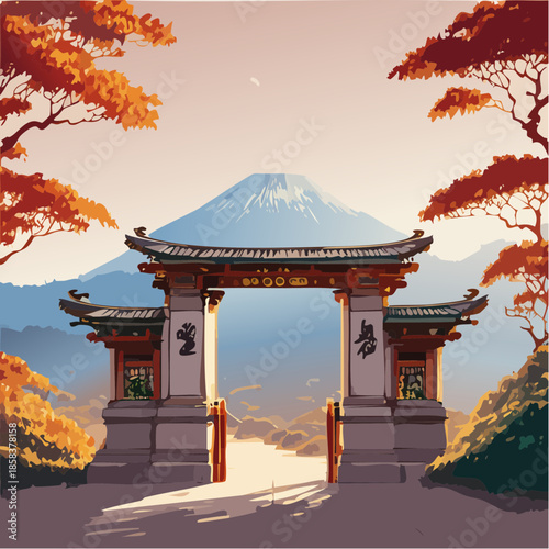 Architectural Illustration of a Traditional Japanese Temple Gate.