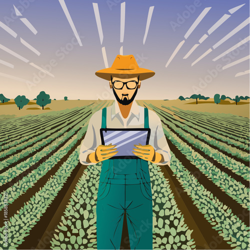 A modern farmer wearing glasses and a hat holds a digital tablet.