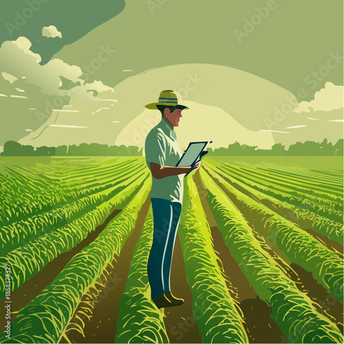 A modern farmer in a hat using a digital tablet for smart farming.